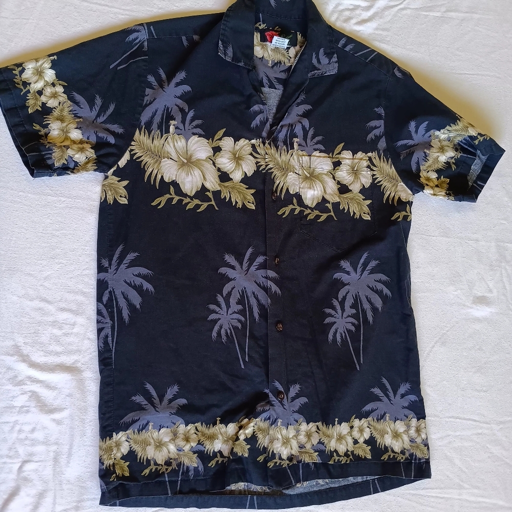 Ali'i Fashions Hawaii Men M Hawaiian Shirt Black Cream Tropical Palm Tree Floral